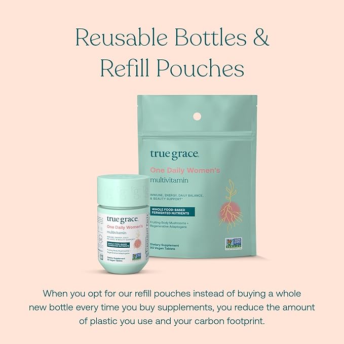 The image features a promotional display for True Graces One Daily Womens Multivitamin, accompanied by an eco-friendly refill pouch. It emphasizes the environmental benefits and Coenzyme B Vitamins, highlighting reduced plastic use and carbon footprint.