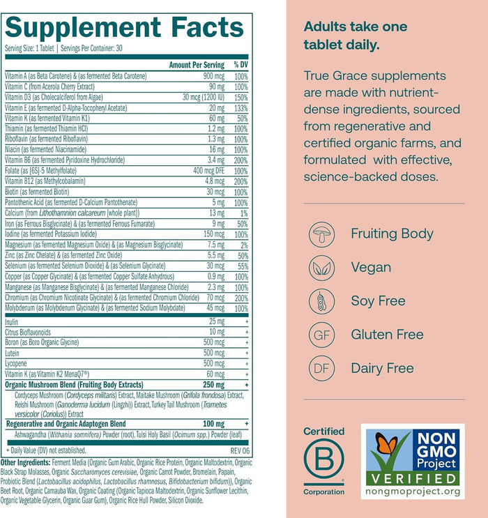 Supplement Facts label for True Grace One Daily Women's Multivitamin, with chelated minerals, vitamins & organic mushroom blend. Icons: Fruiting Body, Vegan, Soy Free, Gluten Free, Dairy Free. NON GMO Project Verified & B Corp logos shown.