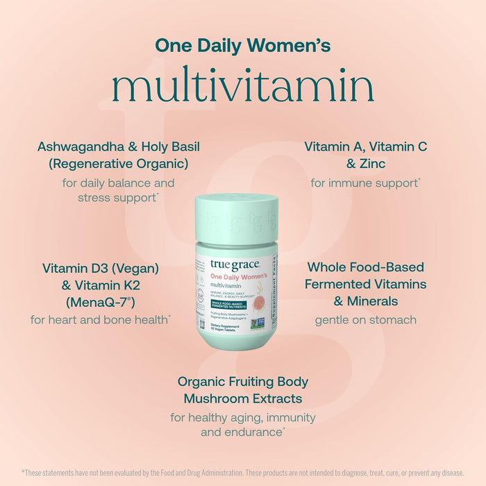 A product image of True Grace’s One Daily Women’s Multivitamin – For Immune, Energy, Daily Balance & Beauty Support – shows the bottle with benefits like chelated minerals, added herbs, vegan D3, fermented nutrients, and organic mushroom blend.