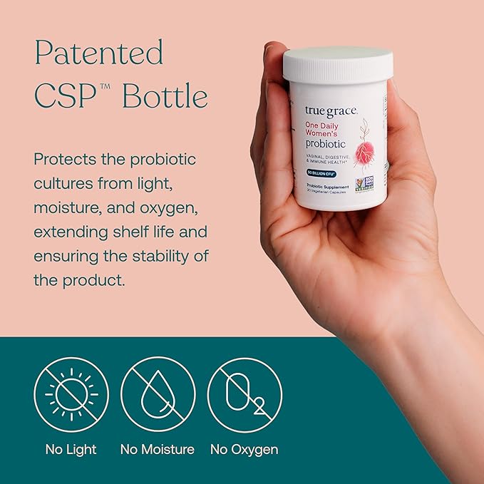 A hand holding a white bottle of True Grace One Daily Women's Probiotic against a teal background. The text emphasizes the patented CSP bottle, which protects from light, moisture, and oxygen to ensure product stability and extend shelf life.