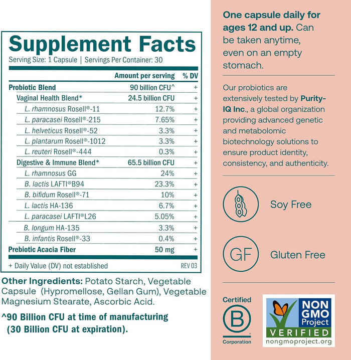 True Grace One Daily Women's Probiotic label highlights probiotics for digestive, vaginal, and immune health with ingredients listed. Features icons for soy free and gluten free, plus Non-GMO Project Verified and Certified B Corporation seals.