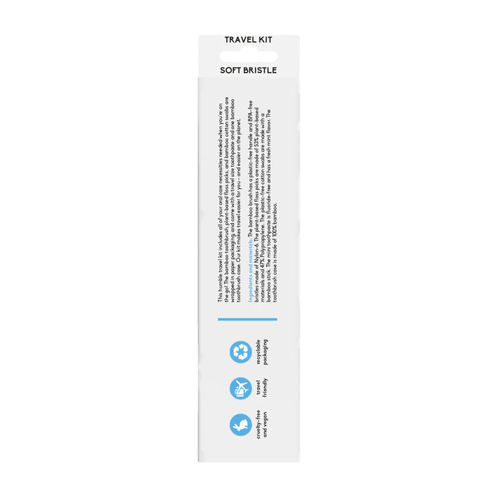 The Oral-Care Travel Kit by The Humble Co. comes in white packaging featuring SOFT BRISTLE at the top. A side paragraph touts its eco-friendly and reusable features with blue icons, highlighting a bamboo toothbrush and plant-based floss picks, making it ideal for travel.