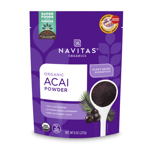 The Navitas Organics Organic Acai Powder is a purple and white pouch featuring acai berries and a spoon with powder, highlighting USDA Organic and Non-GMO. This 8 oz (227g) package, rich in antioxidants, is known for its health benefits as the beauty berry.