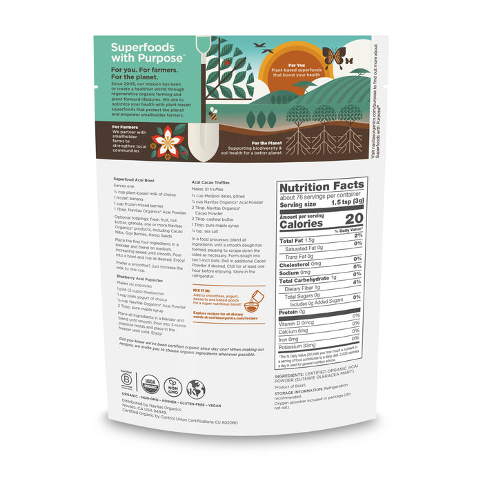 The back of the Navitas Organics Organic Acai Powder package shows nutritional info, ingredients, and non-GMO USDA organic certifications. A green section highlights antioxidants benefits for farmers and the planet, with tree and mountain graphics above the text.