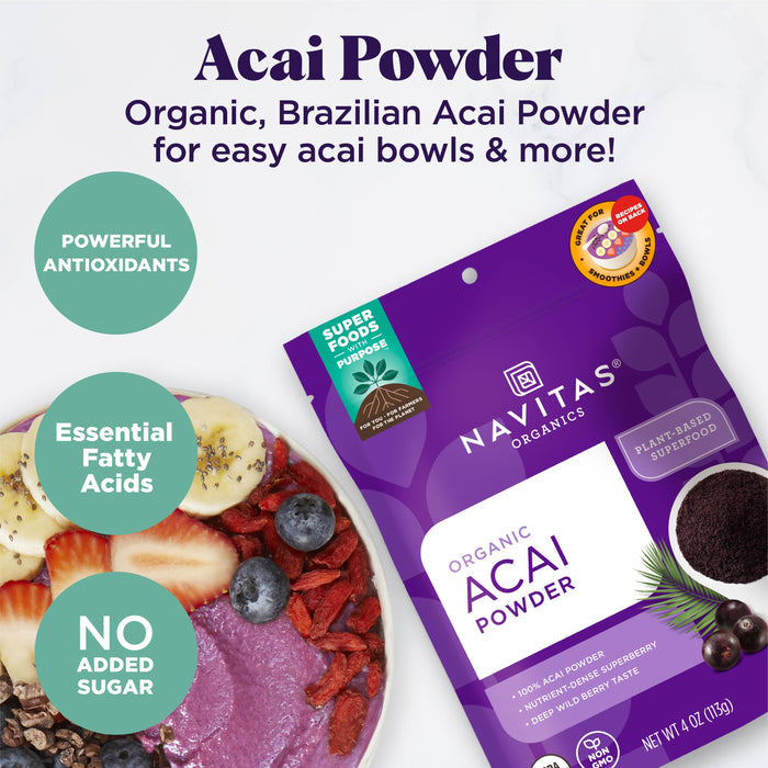 Navitas Organics Organic Acai Powder, loaded with antioxidants and essential fatty acids, is the ultimate beauty berry with no added sugar. Enjoy a delicious serving by pairing it with bananas and blueberries in an acai bowl.