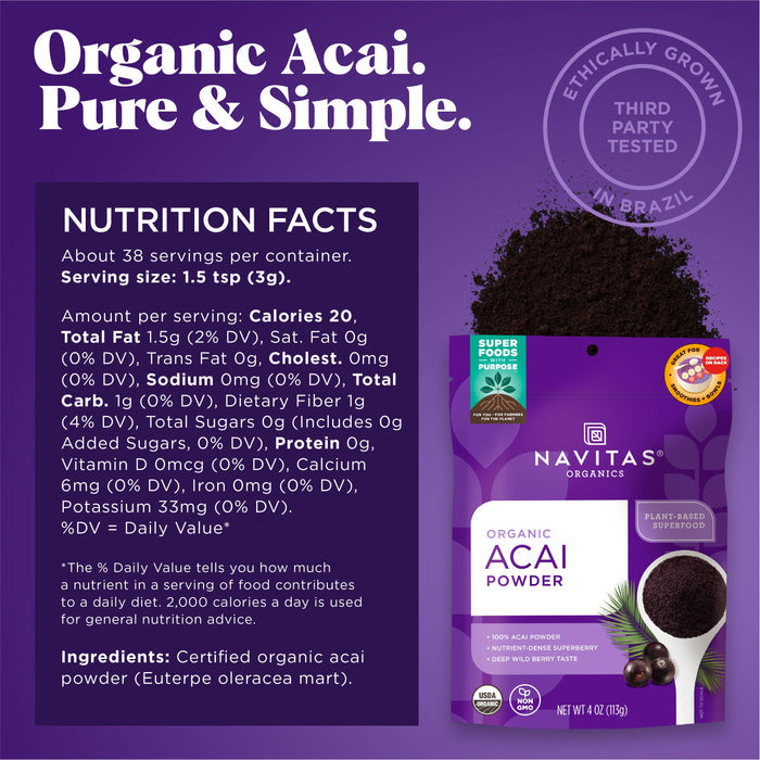 The image features Navitas Organics Organic Acai Powder, known as the beauty berry for its antioxidants. With 20 calories, 0g fat, 1g sugar, and 0g protein per serving, it is USDA Organic and Non-GMO Project Verified. Ethically grown in Brazil.