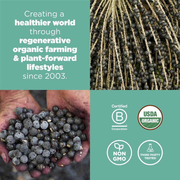 Top left: Navitas Organics: Promoting health via regenerative organic farming & plant-forward lifestyles since 2003. Top right: Acai berries, rich in antioxidants. Bottom left: Hands holding these beauty berries. Bottom right: Certification logos for Organic Acai Powder.