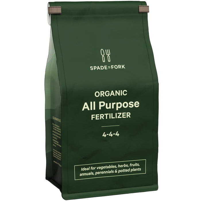 Spade to Forks Organic All Purpose Fertilizer comes in a green bag and features a 4-4-4 formula, ideal for vegetables, herbs, fruits, annuals, perennials, and potted plants to enhance soil fertility with its rich organic nutrients.