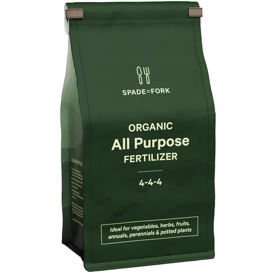 Spade to Forks Organic All Purpose Fertilizer comes in a green bag and features a 4-4-4 formula, ideal for vegetables, herbs, fruits, annuals, perennials, and potted plants to enhance soil fertility with its rich organic nutrients.