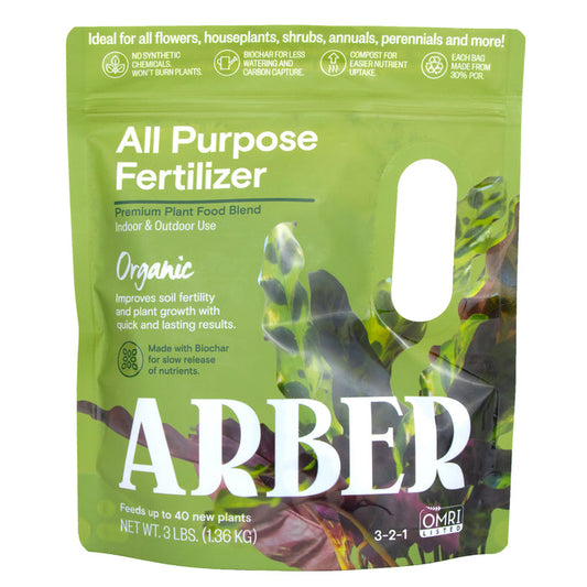 A 3.3 lbs (1.36 kg) green and white bag of Arbers Organic All Purpose Fertilizer features a Premium Plant Food Blend with biochar to boost soil health, ideal for various plants.