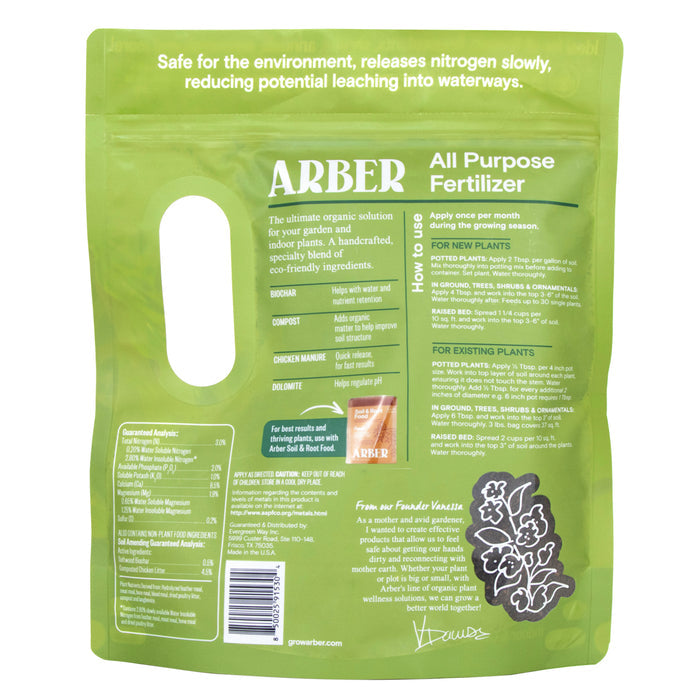 The image shows the back of a green Arber Organic All Purpose Fertilizer package, enriched with biochar. It includes instructions, product details, nutrient info, and gardening tips to boost soil health. Theres a handle cutout at the top left.
