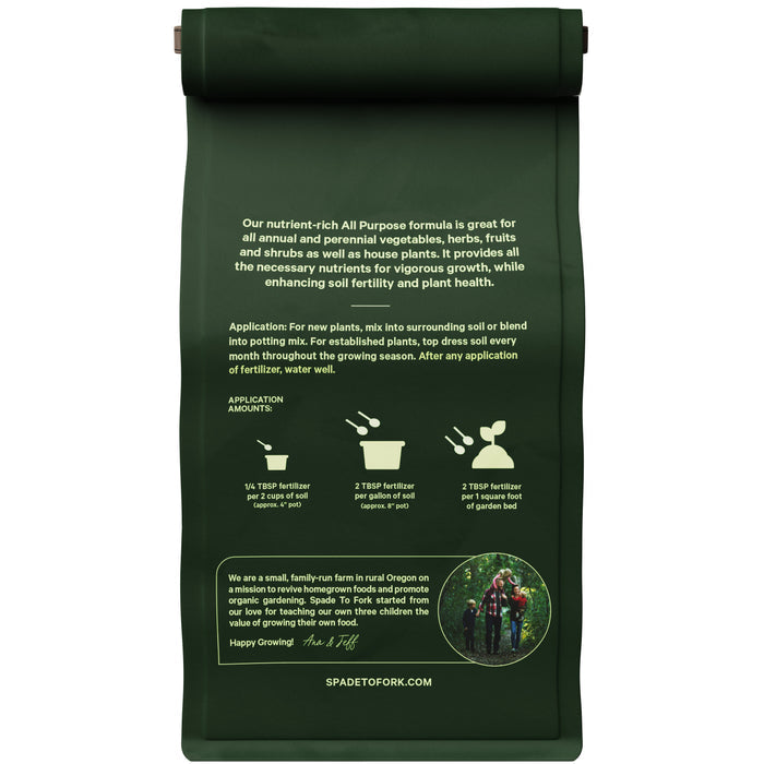 The dark green Spade to Fork Organic All Purpose Fertilizer bag, with gardening instructions and icons, showcases its nutrient-rich formula for soil fertility, application rates for various plant sizes, and a small field photo of plants. Branding and the website URL are displayed at the bottom.