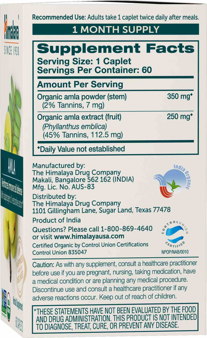 Image of Organic Amla supplement facts by Himalaya showing serving size, dosage instructions, and contact info. Highlights include adaptogenic fruit benefits, immune support claims, and a non-GMO seal.