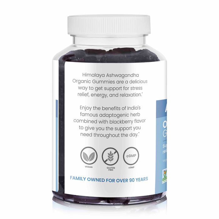 Himalayas Organic Ashwagandha Gummies, labeled for stress relief and energy support, are vegan, gluten-free, cGMP certified, and showcase the commitment of a 90-year-old family-owned business.