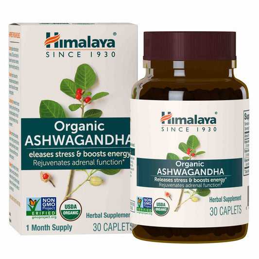 The image displays a bottle and box of Himalaya Organic Ashwagandha, a dietary supplement with 30 USDA certified organic, non-GMO caplets. This adaptogenic herb promises stress relief and an energy boost.