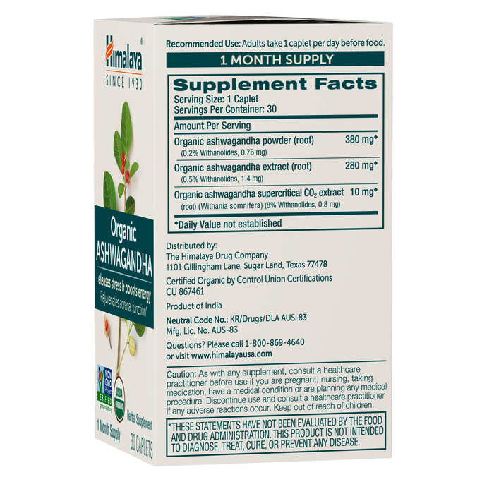 The image shows a green and white box of Himalayas Organic Ashwagandha supplement, an adaptogenic herb for stress relief, with supplement facts, usage instructions, contact info, and a leafy side design.