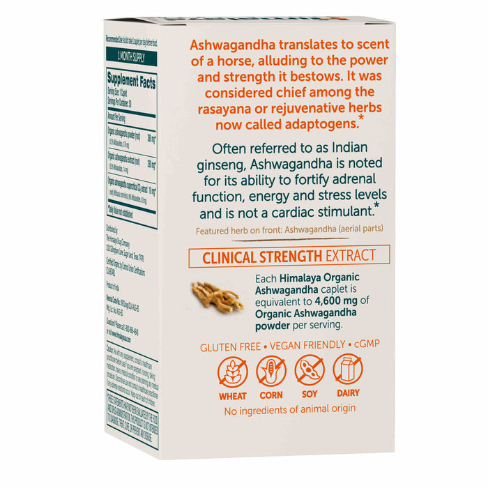 The image displays a box of Himalayas Organic Ashwagandha, an adaptogenic herb for enhancing adrenal health and stress relief. Labels confirm its gluten-free, vegan, soy-free, corn-free, and dairy-free.