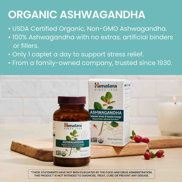Image of a product advertisement for Organic Ashwagandha supplements by Himalaya. Features a bottle and a box of the product alongside text highlighting key features: USDA certified organic, 100% Ashwagandha, stress relief with one caplet a day, family-owned company since 1930.