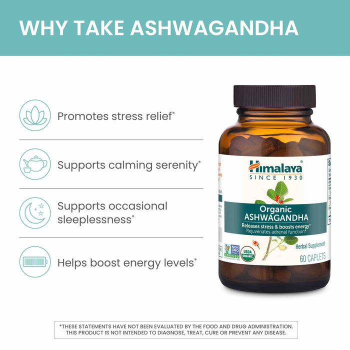 A promotional image for Himalaya Organic Ashwagandha caplets. The image highlights benefits such as promoting stress relief, supporting calming serenity, aiding with occasional sleeplessness, and boosting energy levels. The bottle contains 60 caplets.