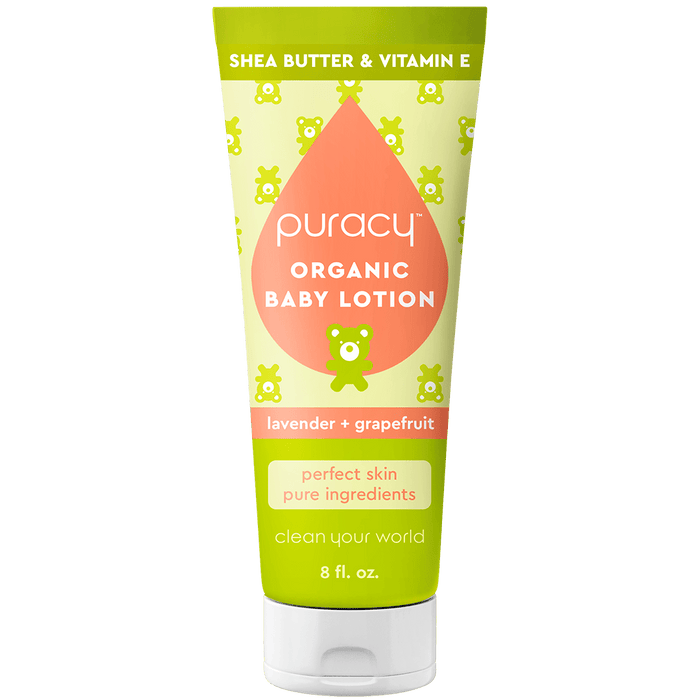The Organic Baby Lotion from Puracy, infused with natural lavender and pink grapefruit essential oils, provides a soothing skincare experience in an 8 fl. oz. tube, enriched with shea butter and vitamin E, making it one of the top choices for baby skincare products.#scent_lavender-&-grapefruit|size_standard