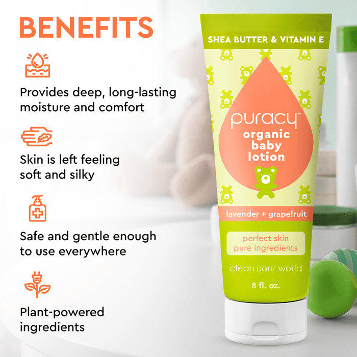 The Organic Baby Lotion is a top-tier baby skincare product that incorporates moisture-enhancing, plant-based ingredients. It is enriched with natural lavender and pink grapefruit essential oils to keep your child’s skin soft and naturally nourished. #common #scent_lavender-grapefruit