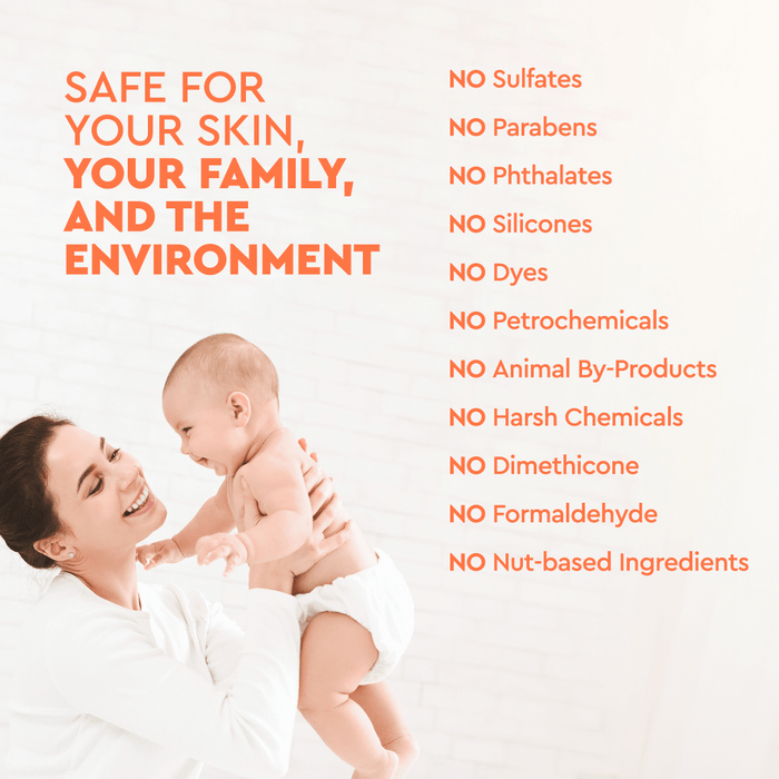 A woman is holding a baby, accompanied by text on the right that showcases skincare safety features like Natural Lavender & Pink Grapefruit Essential Oils. Explore top-quality baby skincare with our soothing Organic Baby Lotion.  #common #scent_lavender-grapefruit