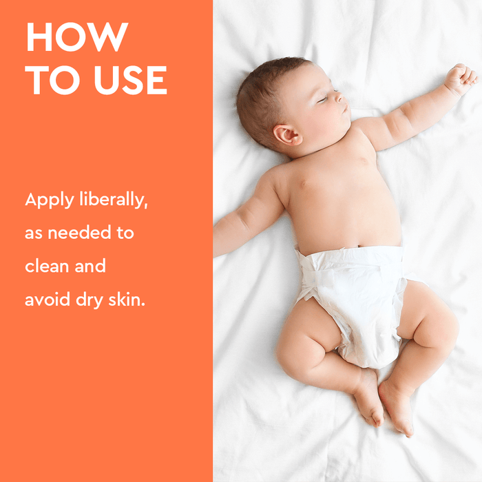 A baby wearing a diaper is peacefully resting on a white blanket, accompanied by an orange text panel that highlights the gentle nourishment provided by Organic Baby Lotion, enriched with natural lavender and pink grapefruit essential oils.  #common #scent_lavender-grapefruit