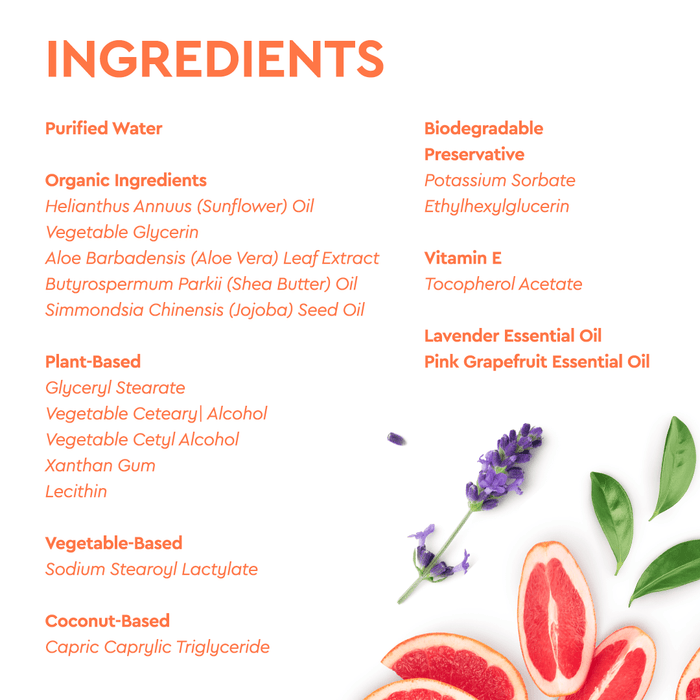 Explore our Organic Baby Lotion, crafted with a comprehensive ingredients list highlighting natural lavender and pink grapefruit essential oils. This organic lotion incorporates soothing aromatic hints of these gentle notes for a calming touch. #common #scent_lavender-grapefruit