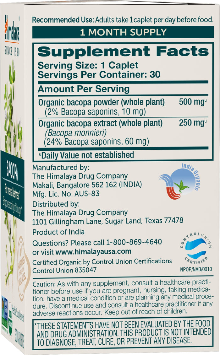 The Himalaya Organic Bacopa label emphasizes cognitive support from Bacopa monnieri and includes serving size, organic ingredients, manufacturer details, contact info, certifications, a QR code, and a medical disclaimer.