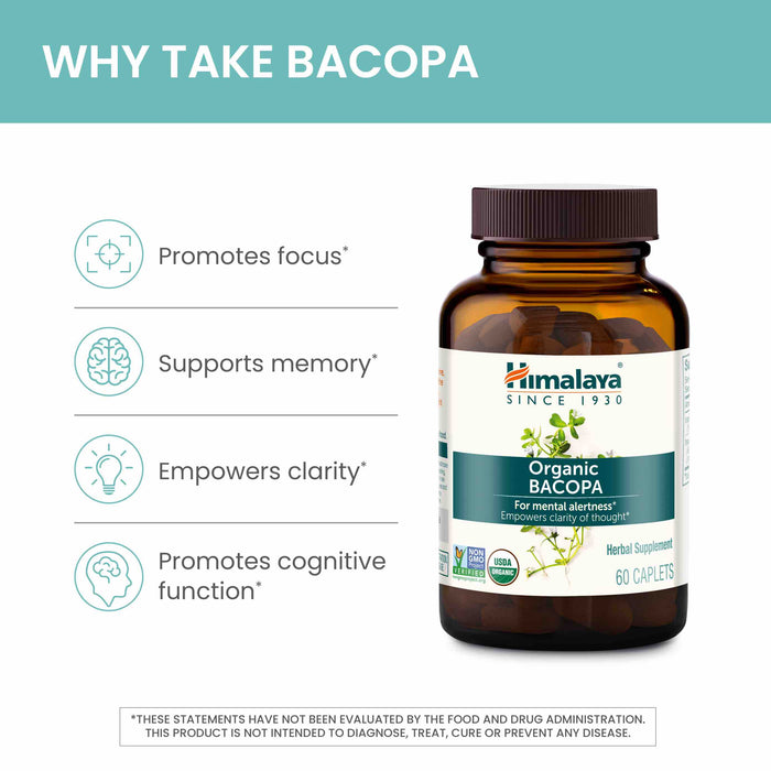 An image of a Himalaya brand bottle of Organic Bacopa dietary supplement with 60 caplets, positioned to the right. The text on the left lists benefits: promotes focus, supports memory, empowers clarity, and promotes cognitive function.