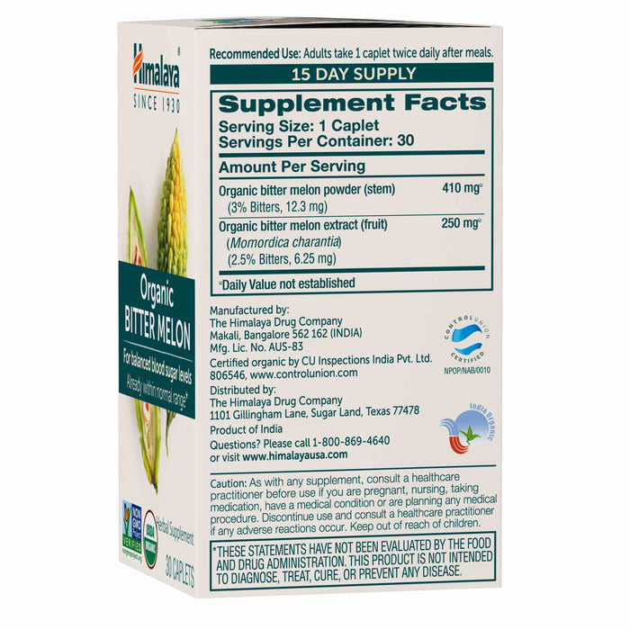 The image shows a white box with green and orange accents, labeled Organic Bitter Melon by Himalaya. It highlights Ayurvedic science for glucose metabolism support and displays supplement facts, dosage instructions, certification logos, and the Himalaya logo.
