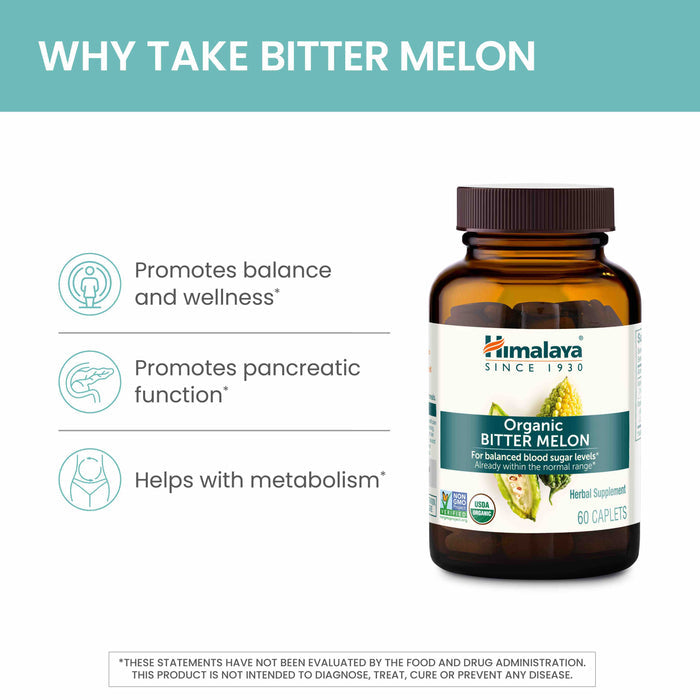 An image of a brown bottle labeled "Himalaya Organic Bitter Melon" displayed next to text that reads "WHY TAKE BITTER MELON." Benefits listed: Promotes balance and wellness, promotes pancreatic function, helps with metabolism. Label on bottle: 60 caplets.