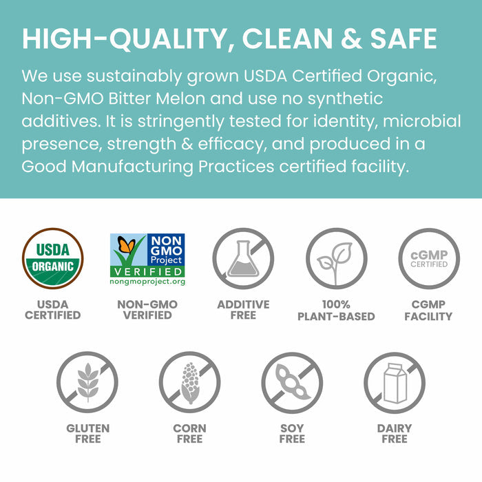An informational graphic highlighting the benefits of a product. Text reads "High-Quality, Clean &amp; Safe" and details features such as USDA Organic, Non-GMO, Additive-Free, 100% Plant-Based, CGMP Facility, Gluten-Free, Corn-Free, Soy-Free, and Dairy-Free.