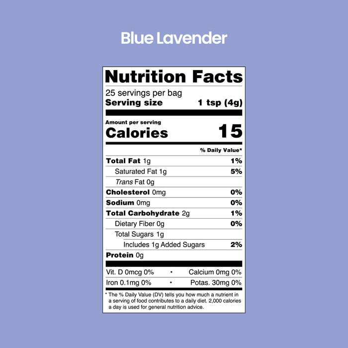 A nutrition facts label for blume Organic Blue Lavender Latte Powder on a purple background. Serving size is 1 tsp (4g), 25 servings per bag, 15 calories per serving—a soothing blend ideal as a calming bedtime drink.
