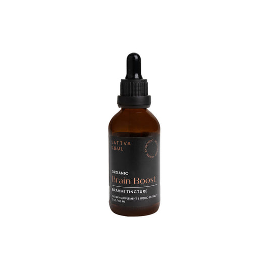 A brown glass dropper bottle, labeled Sattva Soul Organic Brain Boost Tincture with a black label featuring white and gold text, is set against a white background. This Ayurvedic blend serves as a neuro-protective elixir for the mind.