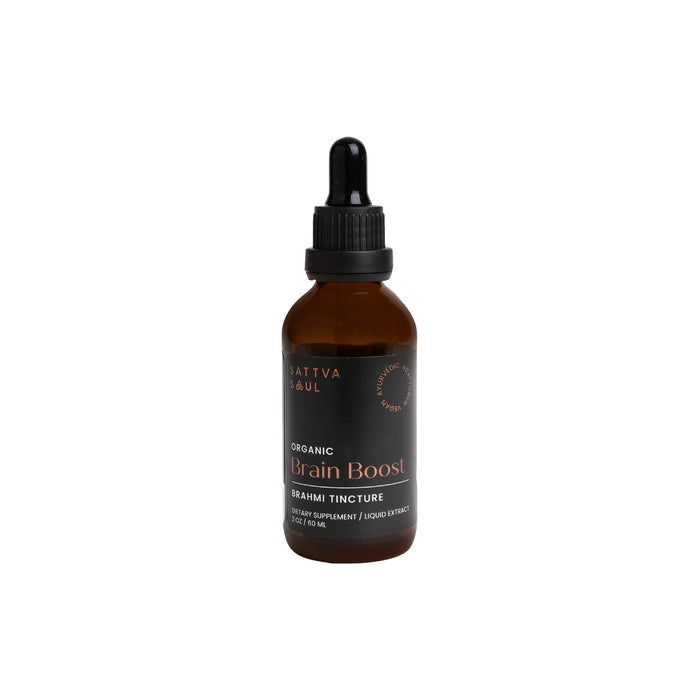 A brown glass bottle with a black dropper cap labeled Sattva Soul Organic Brain Boost Tincture is a dietary supplement and liquid extract, serving as a neuro-protective elixir.