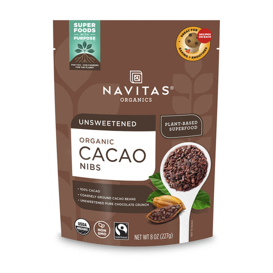 Navitas Organics Organic Cacao Nibs come in a brown and green bag featuring cacao bean images. Theyre labeled Unsweetened and Plant-Based Superfood, boasting antioxidant-rich cacao nibs with USDA Organic, Non-GMO, and Fair Trade certifications. Net weight: 8 oz (227g).