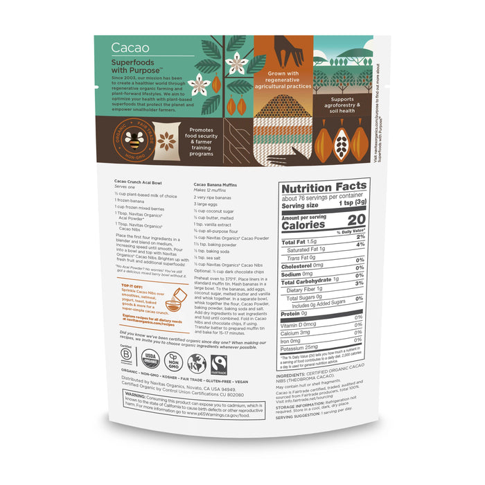 The image shows the back of Navitas Organics Organic Cacao Nibs package, highlighting its superfood qualities with nutrition facts, ingredients, certifications, and branding text focusing on sustainable practices and health benefits. Orange, brown, and green graphics enhance the design.
