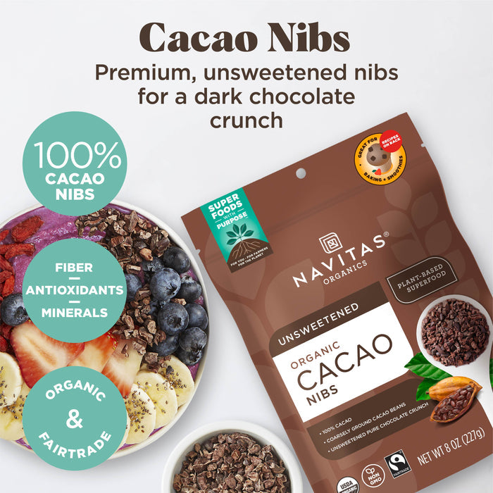Image of Navitas Organics cacao nibs package with promotional text highlighting benefits like being unsweetened, 100% cacao, organic, and rich in fiber, antioxidants, and minerals. A bowl of yogurt with fruit and cacao nibs is also shown.