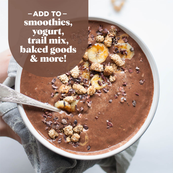 A bowl of chocolate smoothie topped with sliced bananas, white mulberries, and cacao nibs. A spoon rests in the bowl. Text reads: "Add to smoothies, yogurt, trail mix, baked goods &amp; more!.