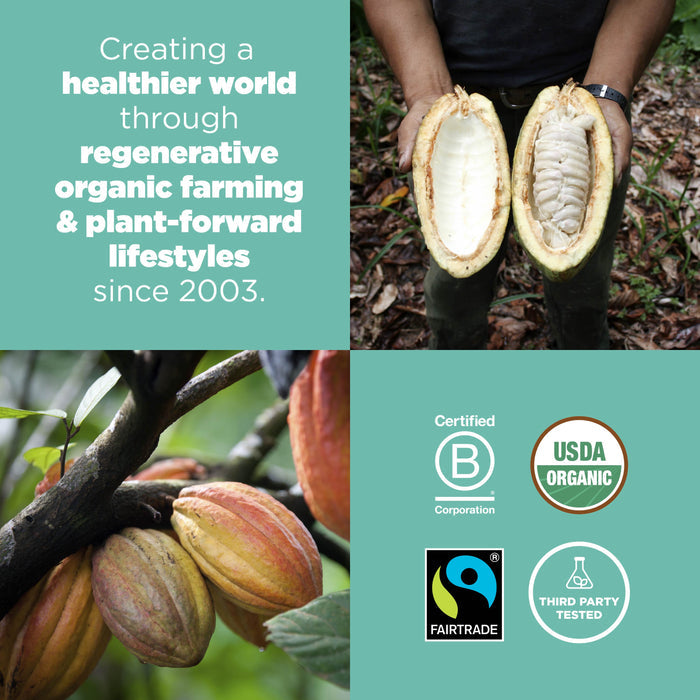 A person holds an open cacao pod with white seeds. Text reads: "Creating a healthier world through regenerative organic farming &amp; plant-forward lifestyles since 2003." Labels show certifications: B Corporation, USDA Organic, Fairtrade, Third Party Tested.