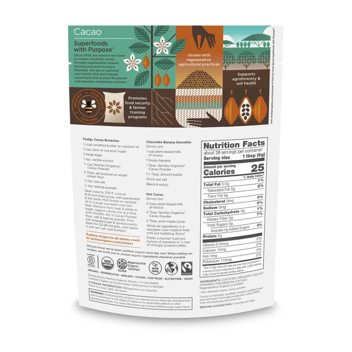 The back of the Navitas Organics Organic Cacao Powder package showcases nutritional facts, ingredients, and smoothie or brownie preparation tips. Illustrations emphasize sustainable farming and the brands fair trade commitment while ensuring a rich chocolate taste.
