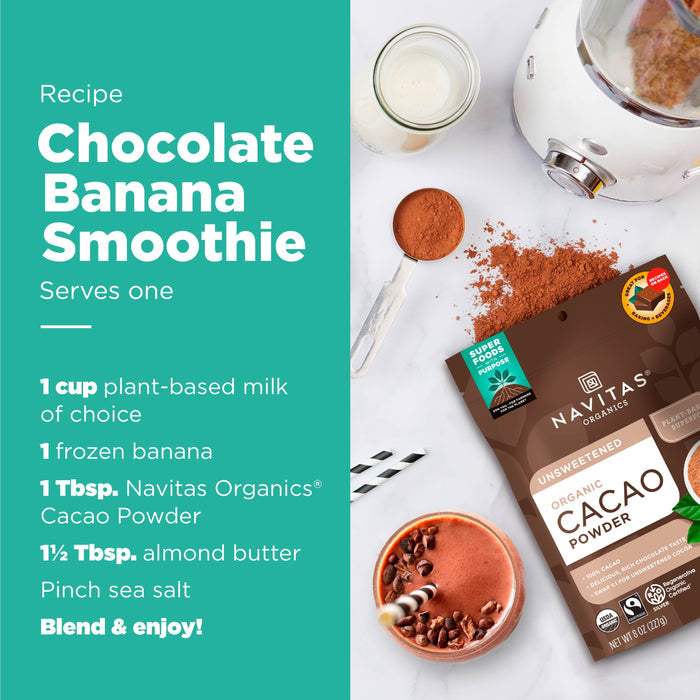 A recipe for a Chocolate Banana Smoothie is displayed. Ingredients include plant-based milk, frozen banana, cacao powder, almond butter, and sea salt. The layout features a blender, smoothie, spoon, and a cacao powder package.