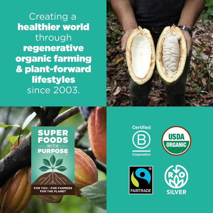 A collage featuring cacao pods being held, text on regenerative organic farming, and logos for B Corporation, USDA Organic, Fairtrade, and RO Silver. A book titled "Super Foods with Purpose" is also shown with cocoa plants in the background.