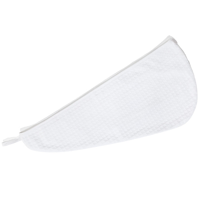 A white zippered pouch made of organic cotton from Grove Co., featuring a textured grid pattern, is laid flat and viewed from above. It has a curved side and a straight edge, resembling a chic accessory for your Organic Cotton Hair Towel.