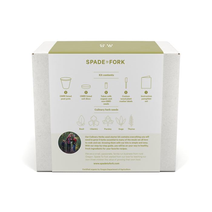 A white and green box from Spade to Fork features the Organic Culinary Herbs Kit, which provides everything needed to start a home garden: pots, soil disc, organic seeds, markers, a booklet, and herbs such as basil, cilantro, parsley, sage, and thyme.