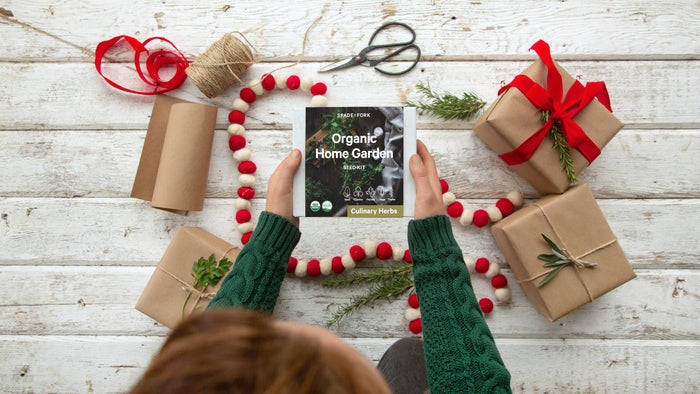 A person in a green sweater holds a book titled Organic Home Garden among wrapped gifts with red ribbons. Nearby, a Spade to Fork Organic Culinary Herbs Kit is placed among a red bead garland, twine, scissors, and greenery on a wooden surface.