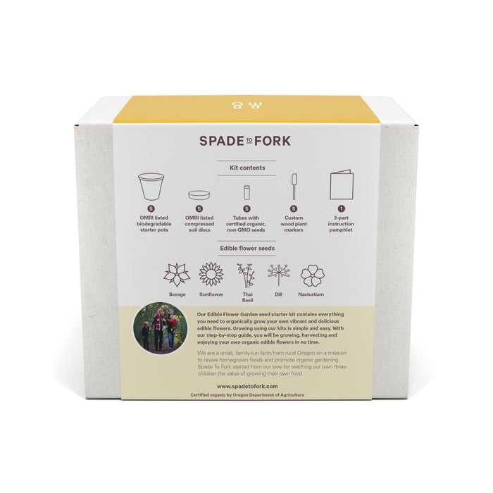 The image features Spade to Forks Organic Edible Flower Garden Kit box, including OMR-listed soil, pots, plant markers, a pencil, seeds like borage and sunflower, and a booklet. A family photo and text on sustainable gardening are prominently displayed.
