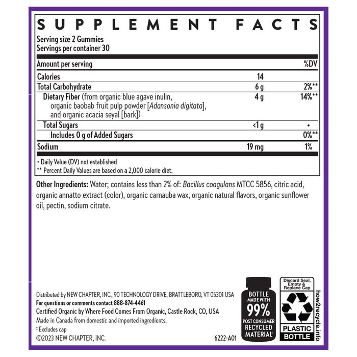 The supplement facts label for New Chapters Organic Fiber Gummies includes calories, carbohydrates, and sodium. It lists ingredients such as organic sugar, fruit powder, vitamins, and organic prebiotic fiber for digestive health. Recycling information and company details are displayed at the bottom.