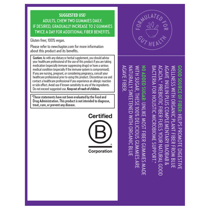 Introducing New Chapters Organic Fiber Gummies, expertly formulated to enhance digestive health. These gluten-free and vegan gummies are enriched with organic prebiotic fiber like agave inulin. Includes usage instructions, ingredient details, cautionary notes, and certification logos.